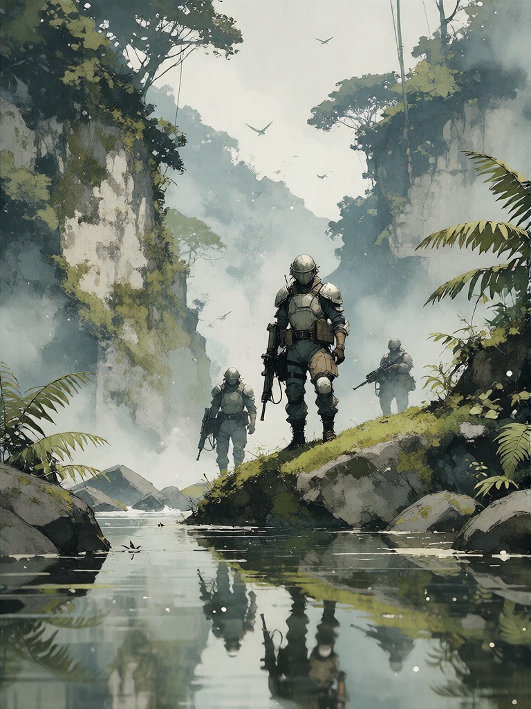 Bradhamel art style. A misty,  atmospheric jungle canyon with towering moss-covered cliffs and a deep,  reflective pool be...