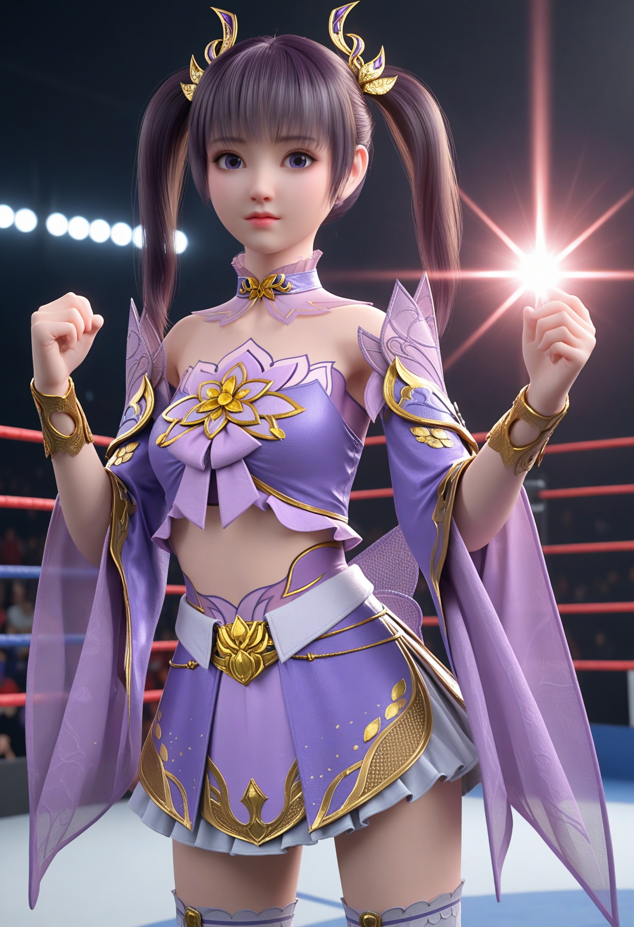 (upper_body:1.1),(huge breasts:0.9),<lora:YQponyziyanV4:0.8>,q1528437228,1girl,solo,black_hair,hair_ornament,twintails,long_hair,detached_sleeves,bare_shoulders,blue_eyes,realistic,dress,midriff,bangs,skirt,detached_collar,ponytail,brown_hair,purple_dress,jewelry,bracelet,socks,purple_eyes,blunt_bangs,wide_sleeves,armor,purple_footwear,navel,pantyhose,flat_chest,choker,print_legwear,purple_skirt,brown_eyes,floral_print,legs,purple_hair,side_ponytail,thighhighs,blush,(looking_at_viewer:1.1),BREAKintricate details,shiny_skin,solo focus,(blurry background:1.1),(depth of field:1.1),perfect_anatomy,(cinematic lighting:0.9),(volumetric lighting:0.9),lens flare,light rays,shiny clothes,light beam,hourglass,(Short torso:1.1),(High waistline:1.1),(wrestling_ring,:1.2),