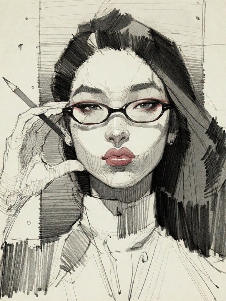 Bradhamel art style.A detailed black-and-white sketch of a young East Asian woman with long dark hair,  wearing glasses an...