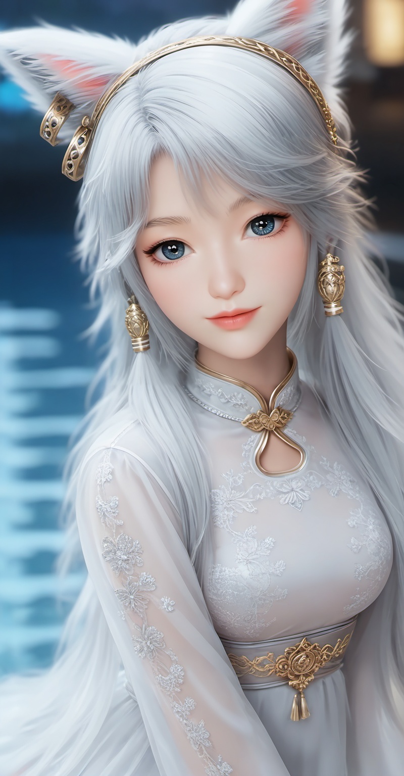 Close-up details,outstanding style,adding a touch of dimension to your images without compromising details,<lora:银月XL:0.8>,yinyue,white hair,fake animal ears,fox_ears,blue eyes,fair_skin,long hair,jewelry,earrings,1girl,solo,hair ornament,dress,long hair,white dress,jewelry,earrings,see-through,chinese clothes,looking at viewer,long sleeves,flower,breasts,hair bun,whirls of vapor,iridescent textures,(Anime:1.1),soft neon light,ethereal ambiance,delicate details,magical atmosphere,concept art,highly detailed,ultra-high resolution,32K UHD,sharp focus,best-quality,masterpiece,golden hour,unconventional supreme masterpiece,masterful details,temperate atmosphere,in the style of fashion photography,cover,Dynamic Angle,with a high-end texture,Dynamic posture,