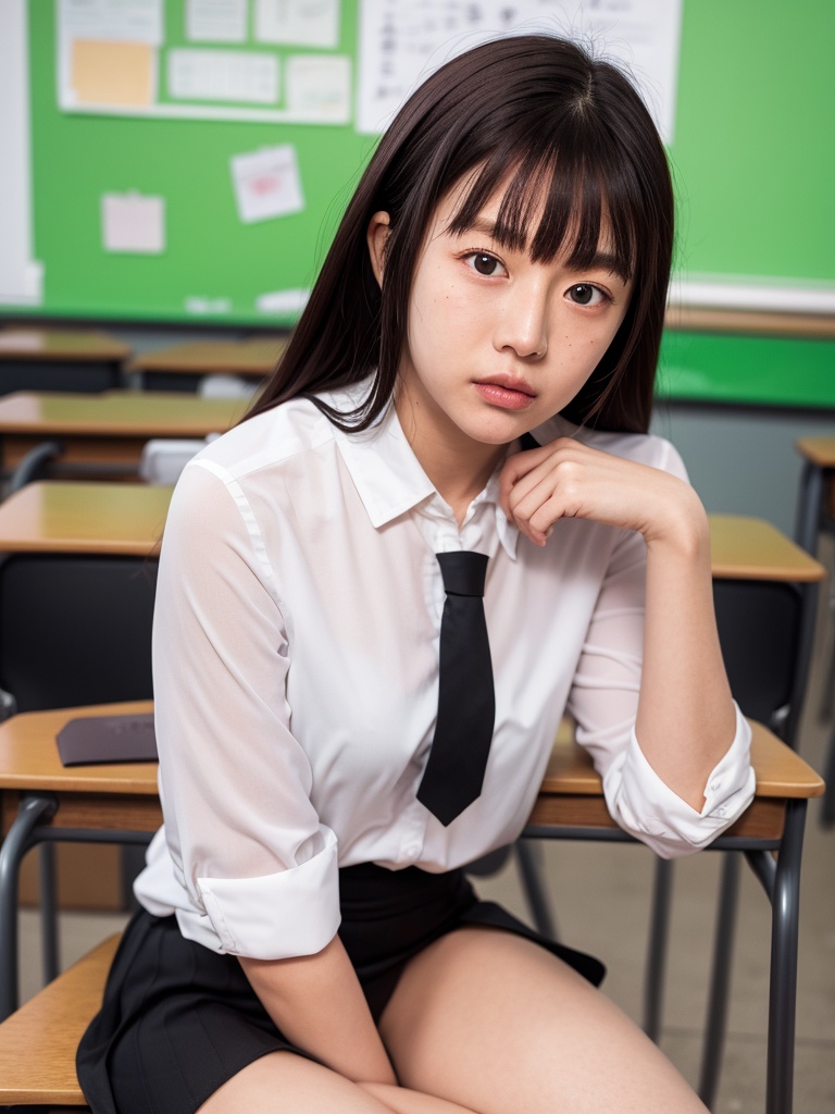 A photograph of a young Asian woman with straight black hair and bangs,sitting at a desk in a classroom. She wears a traditional Japanese schoolgirl uniform: a white blouse with black trim,a grey pleated skirt,and a grey necktie. Her expression is neutral,and she rests her chin on her right hand,which is touching her cheek. The classroom background features green walls and a blackboard on the left. The desk has a Japanese flag sticker. The overall mood is contemplative and slightly melancholic.,