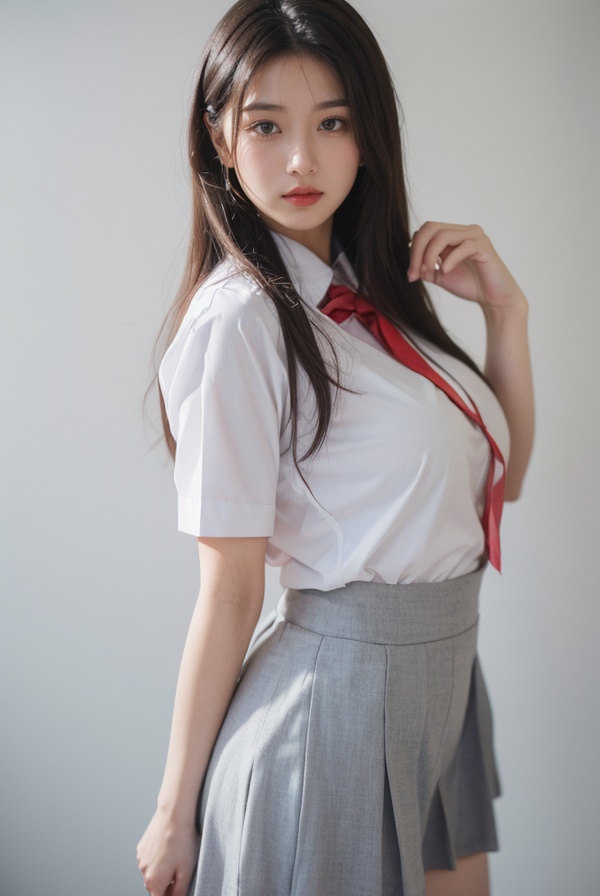 best quality,masterpiece,ultra high res,looking at viewer,simple background,huge breasts,1girl,fujifilm,fuji 800z,Fujifilm X-T3,35mm f/6.3 lens,1girl,(Perfect female body:1.2),school_uniform,