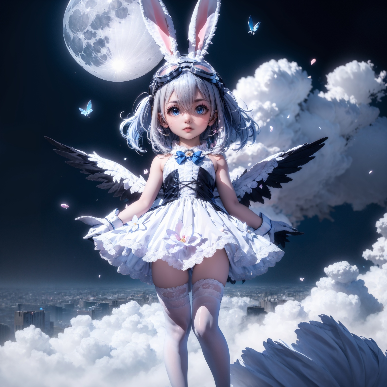 tutututu,1girl,solo,wrist cuffs,rabbit ears,white dress,white gloves,blue footwear,goggles on head,sleeveless dress,bangs,blue bow,white hair,short hair,white thighhighs,<lora:lihaigeQ-000006:0.95>,1girl, (colorful),(finely detailed beautiful eyes and detailed face),cinematic lighting,bust shot,extremely detailed CG unity 8k wallpaper,((flying petal)),(Flowery meadow)sky, cloudy_sky, building, moonlight, moon, night, (dark theme:1.3), light, fantasy,