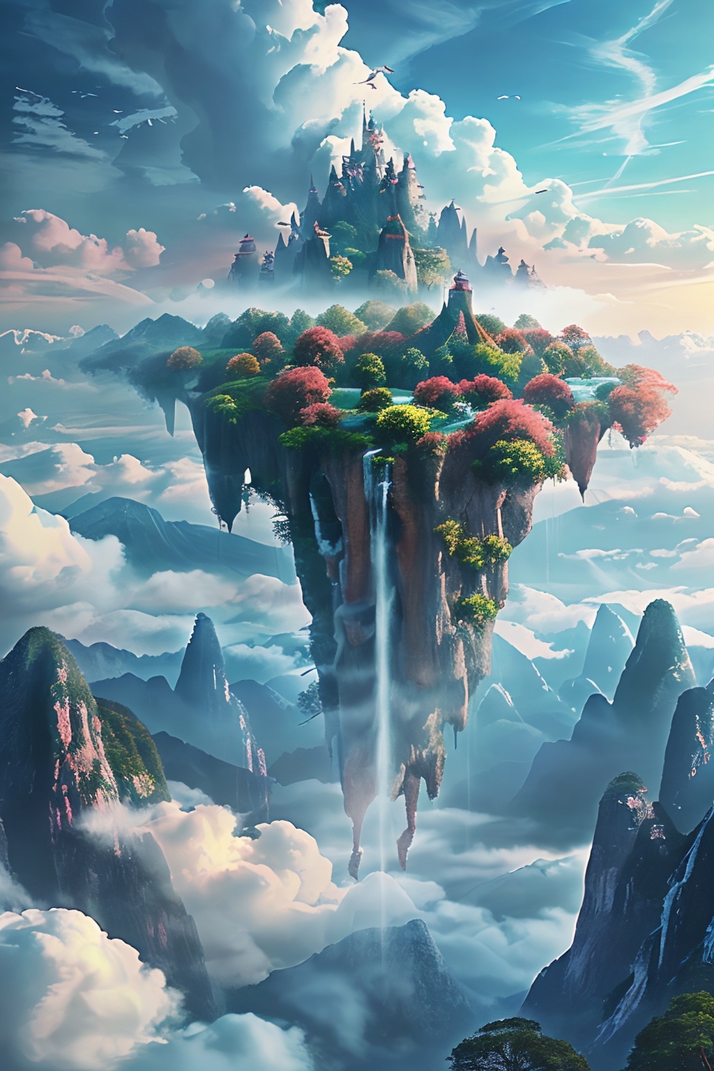 scenery,cloud,sky,outdoors,bird,no humans,cloudy sky,castle,tower,mountain,tree,day,flock,landscape,MHXD,
