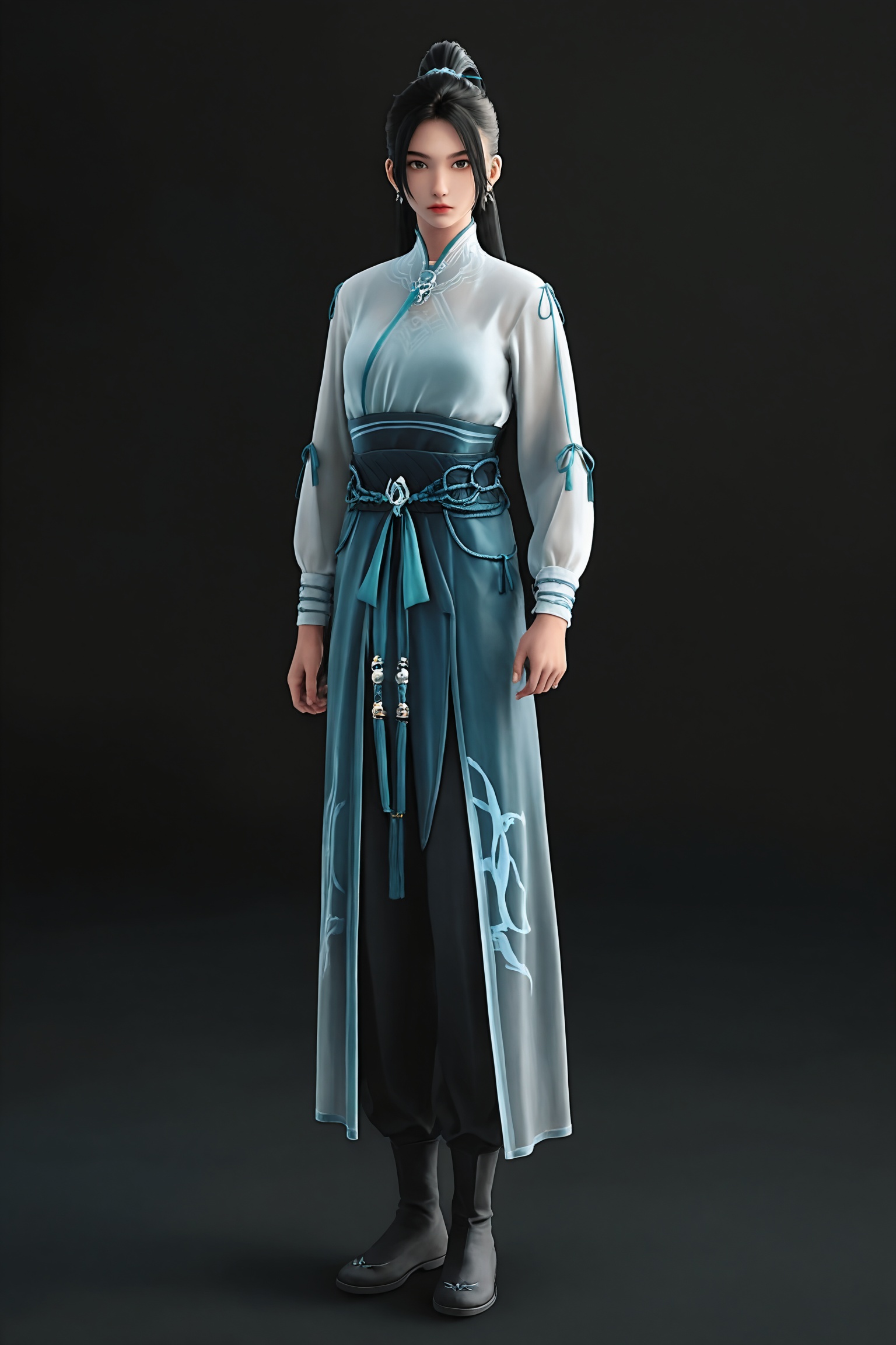 black background,standing,looking at viewer,1girl,ny\(jl\),black hair,long hair,ponytail,earrings,jewelry,china dress,long sleeves,sash,black pants,black footwear,