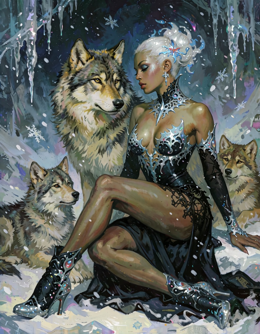 In a frozen,  star-drenched cavern draped with cascading icicles and swirling snowflakes that shimmer like diamond dust un...