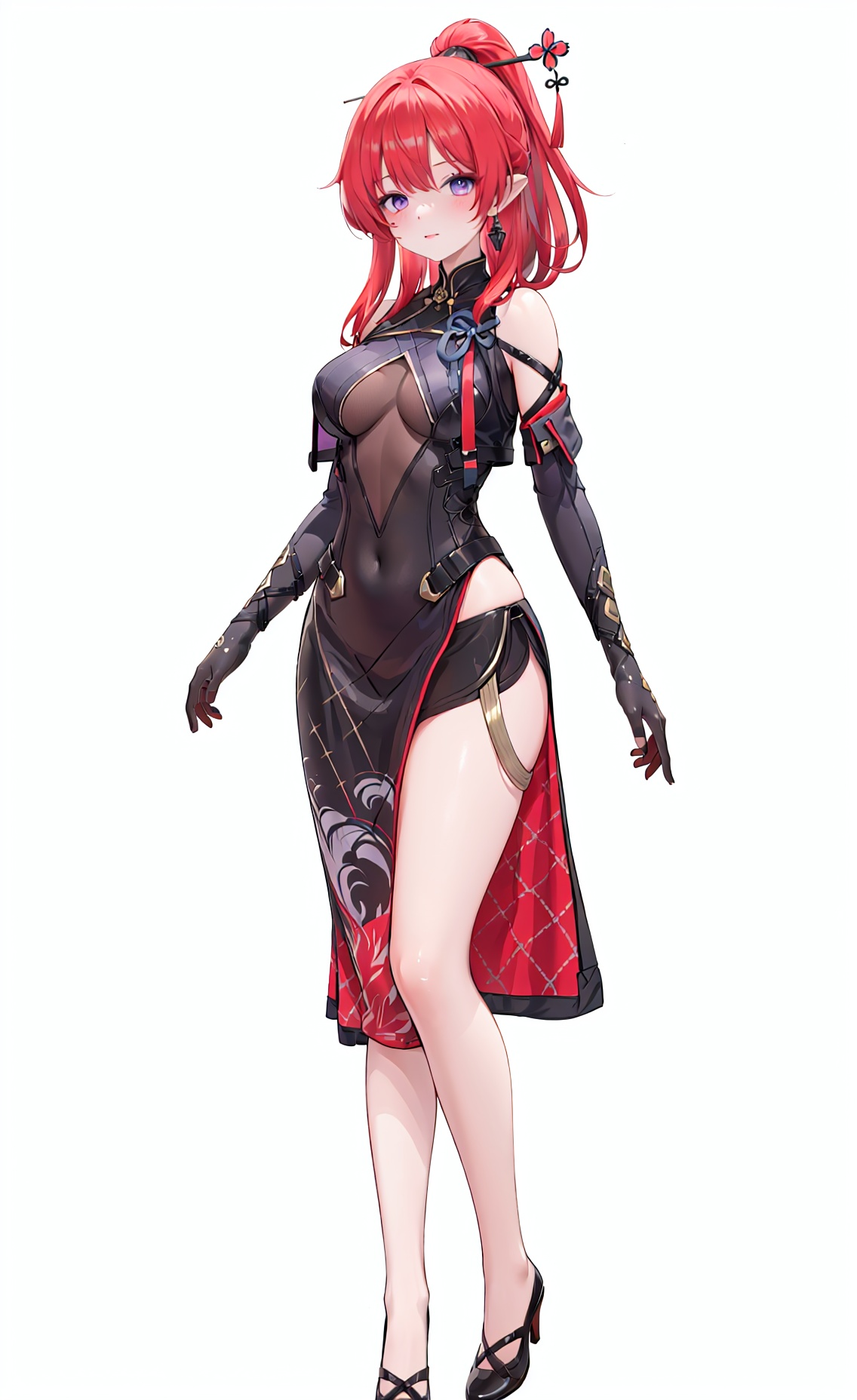 8k, best quality, masterpiece, (ultra-detailed), (high detailed skin), (white background:1.5), (full body), (white background:1.2), standing, looking at viewer, (solo), <lora:yinlin-v100:0.5>, yinlin, def clothes, 1girl, red hair, purple eyes, dress, hair stick, breasts, gloves, full_shot, 
