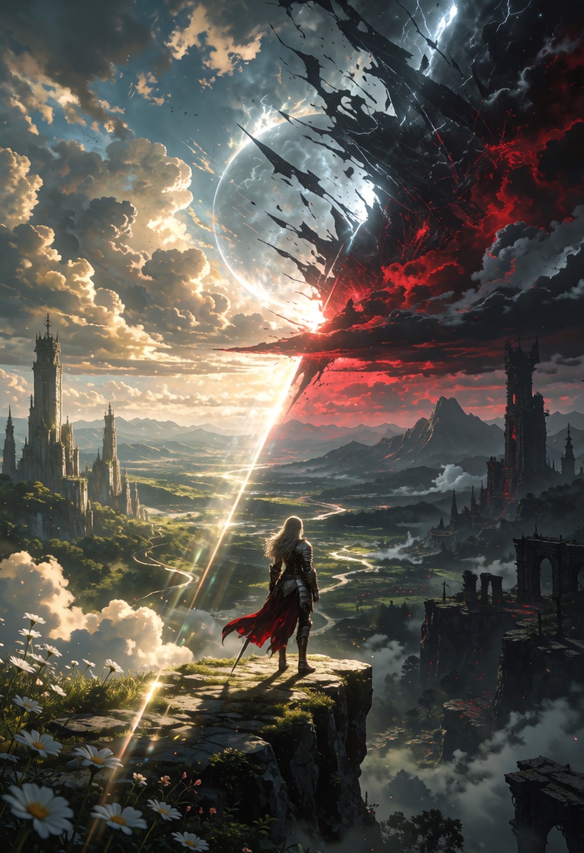ta86_realityfracture,  a lone armored woman standing on a high cliff above a vast fantasy valley,  full body view on Tenso...
