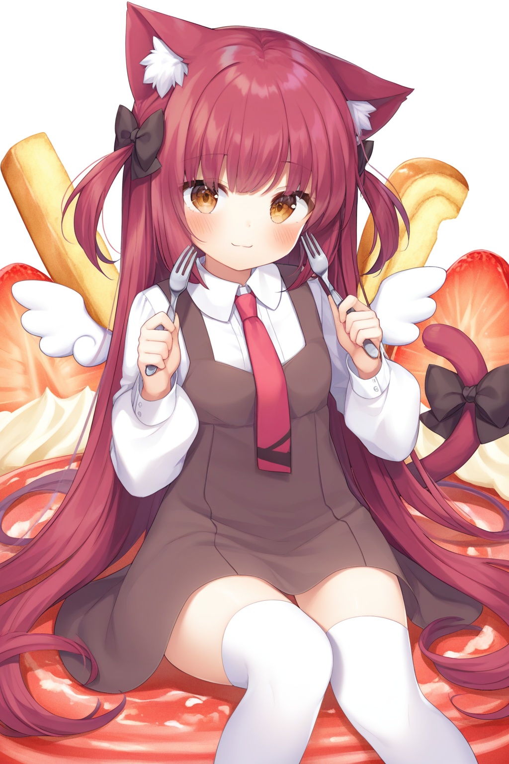 1girl, tail, animal_ears, cat_ears, long_hair, solo, cat_tail, dress, shirt, cat_girl, looking_at_viewer, long_sleeves, white_shirt, thighhighs, fork, two_side_up, necktie, red_necktie, bow, tail_ornament, food, animal_ear_fluff, white_background, white_thighhighs, blush, collared_shirt, sleeveless, sleeveless_dress, very_long_hair, red_hair, puffy_sleeves, red_eyes, wings, tail_bow, brown_eyes, smile, simple_background, sitting, brown_dress, brown_hair