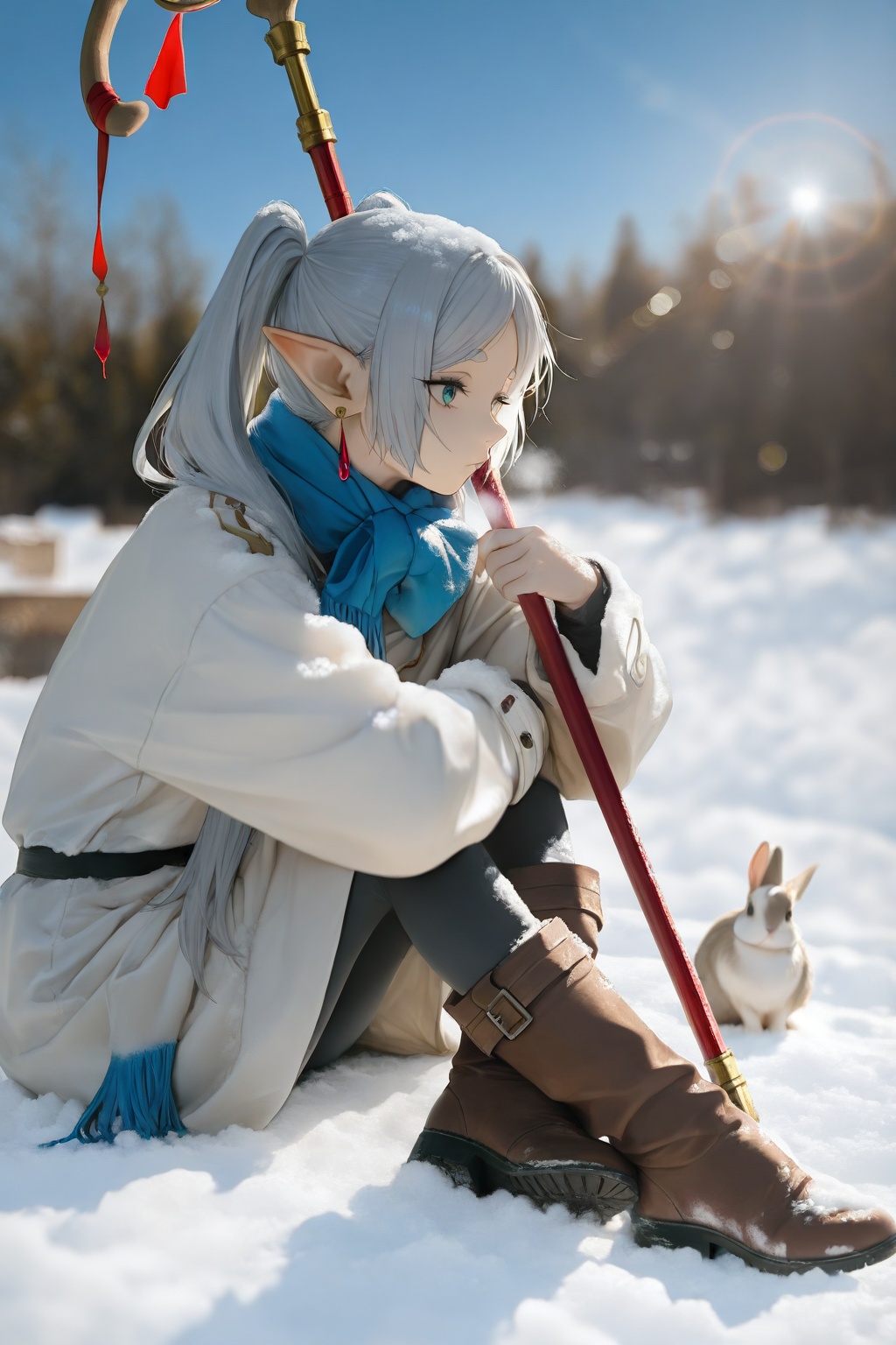 highres,absurdres,very awa,masterpiece,best quality,year 2024,newest,flat color,lineart,chiaroscuro,Natural Light,Mood Lighting,cinematic lighting,volumetric lighting,ray tracing,dramatic shadows,dappled light,photo background,depth of field,lens flare,motion blur,bokeh,chromatic aberration,overexposure,contour deepening,\\,1girl,solo,<lora:Zombie-Style-000059:1>,\\,1girl,scarf,pointy ears,sitting,boots,blue scarf,jewelry,coat,earrings,long hair,outdoors,brown footwear,holding,bird,rabbit,solo,blue eyes,animal,white coat,day,twintails,long sleeves,elf,snow,blurry,staff,knee boots,bangs,winter clothes,pantyhose,breath,white hair,arm support,sky,winter,profile,blue sky,depth of field,closed mouth,from side,looking away,ponytail,grey hair,holding staff,full body,winter coat,elezen,frieren,