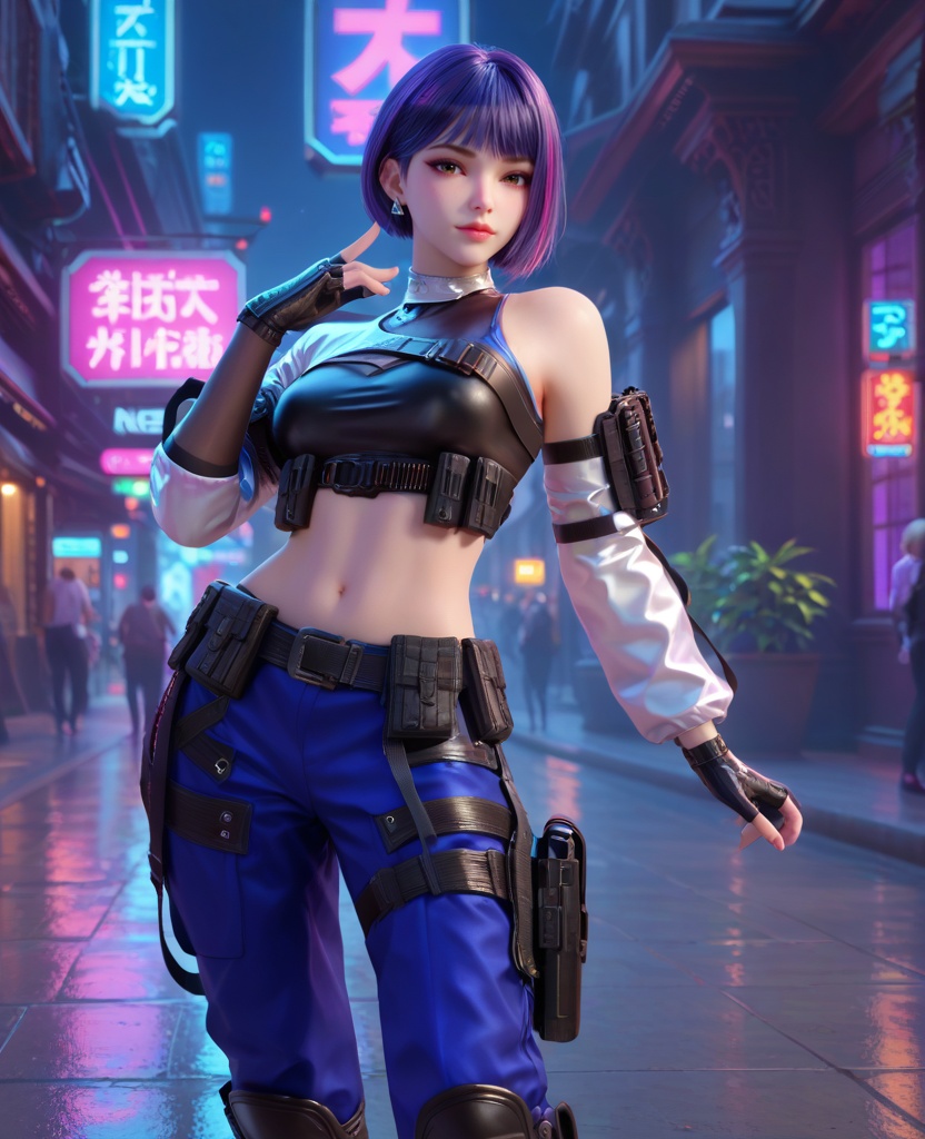 (oriental architecture, elegant decor, sophisticated style:1.1),(contrapposto:1.1),(breasts:1.2),<lora:XL16穿越火线雨墨保卫者:0.95>,miss yumo,black crop top,white one-shoulder combat sleeve,brown eyes,synthwave streaked hair,bob cut,purple hair,asymmetrical sleeves,black fingerless gloves,midriff,blue pants,belt,holstered,earrings,jewelry,black combat boots,, score_9,score_8_up,score_7_up,score_6_up,score_5_up,score_4_up,3d rendering,tag1,tag2, Cinematic Lighting,backlighting,, zPDXL3, zPDXL2,zPDXL, zPDXLxxx, zPDXLrl,