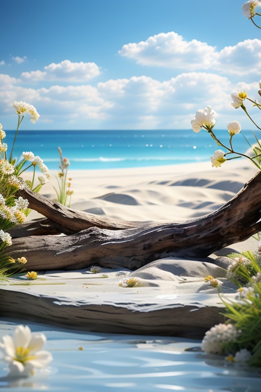 HZPJCT,product photography,still life,flower,outdoors,sky,day,cloud,water,tree,blue sky,no humans,ocean,beach,white flower,scenery,horizon,branch,vase,