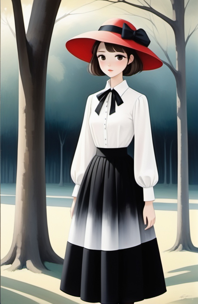 <lora:inset02-000016:0.6>,1girl, solo, looking at viewer, blush, short hair, skirt, brown hair, shirt, black hair, long sleeves, hat, dress, ribbon, brown eyes, closed mouth, standing, full body, braid, outdoors, frills, puffy sleeves, artist name, signature, hair bun, black footwear, white dress, black eyes, tree, black shirt, black headwear, black ribbon, neck ribbon, white skirt, red headwear, puffy long sleeves, long skirt, skirt hold, bare tree
