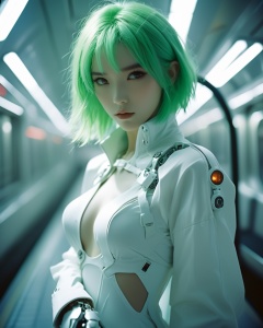 analog film photo futuristic female figure with bright green hair, avant-garde white outfit with mechanical accents, robotic pet companion, cybernetic fashion, vivid contrast, subway platform environment, high-speed train blurring in the background, edgy and modern aesthetic, sci-fi inspired, vibrant persona, best quality, ultra highres, original, extremely detailed, perfect lighting . faded film, desaturated, 35mm photo, grainy, vignette, vintage, Kodachrome, Lomography, stained, highly detailed, found footage