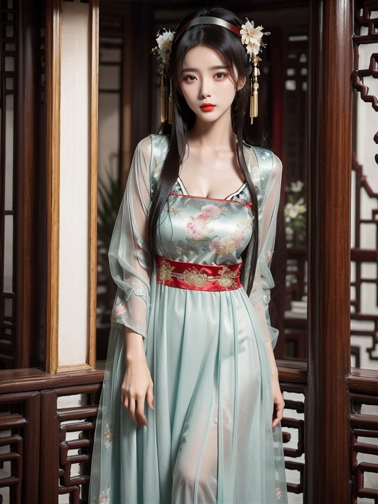 1girl,solo,long hair,breasts,black hair,dress,hairband,leaning forward,chinese clothes,see-through,china dress,realistic,