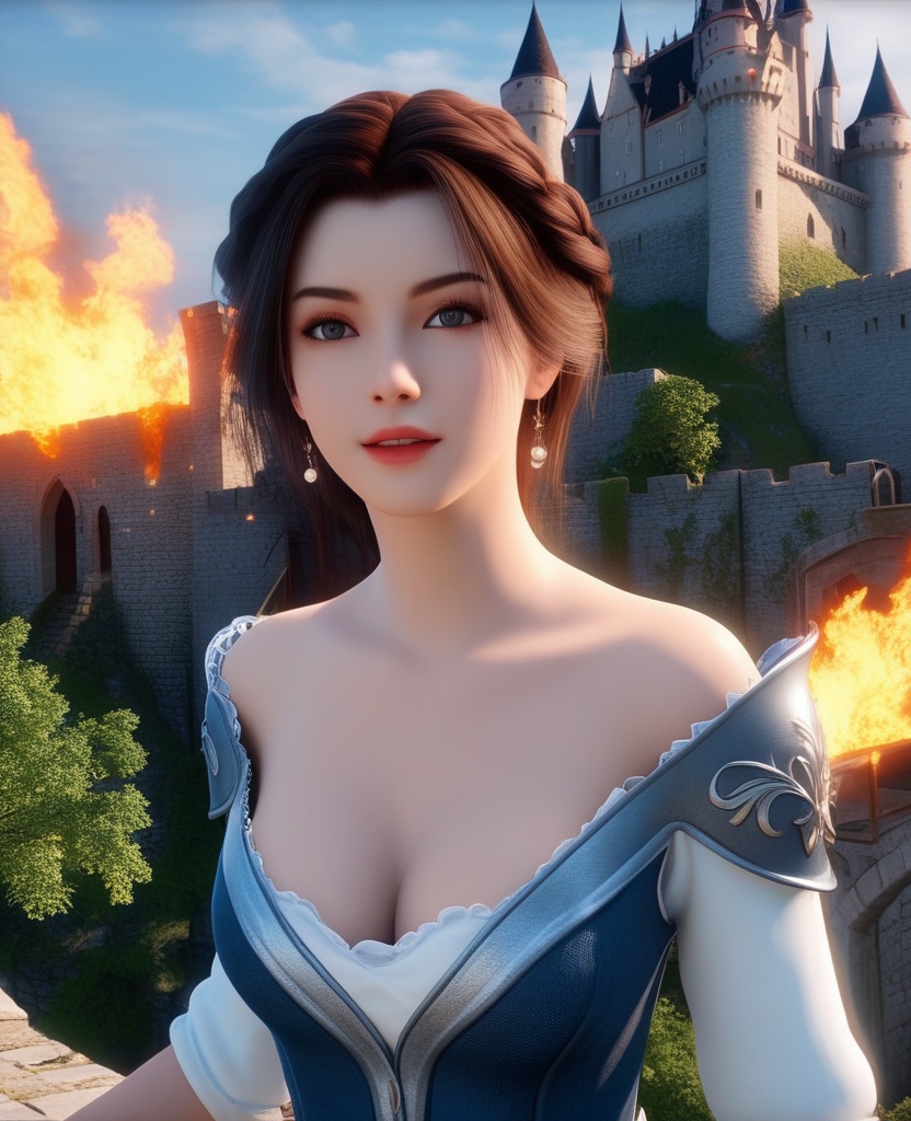 <lora:592-DA-XL-星辰变-姜立:0.8>(,1girl, ,best quality, ),looking at viewer,ultra detailed background,ultra detailed background,ultra realistic 8k cg, ,masterpiece, (( , )),     ,castle,     pyrokinesis,  (cleavage), (),