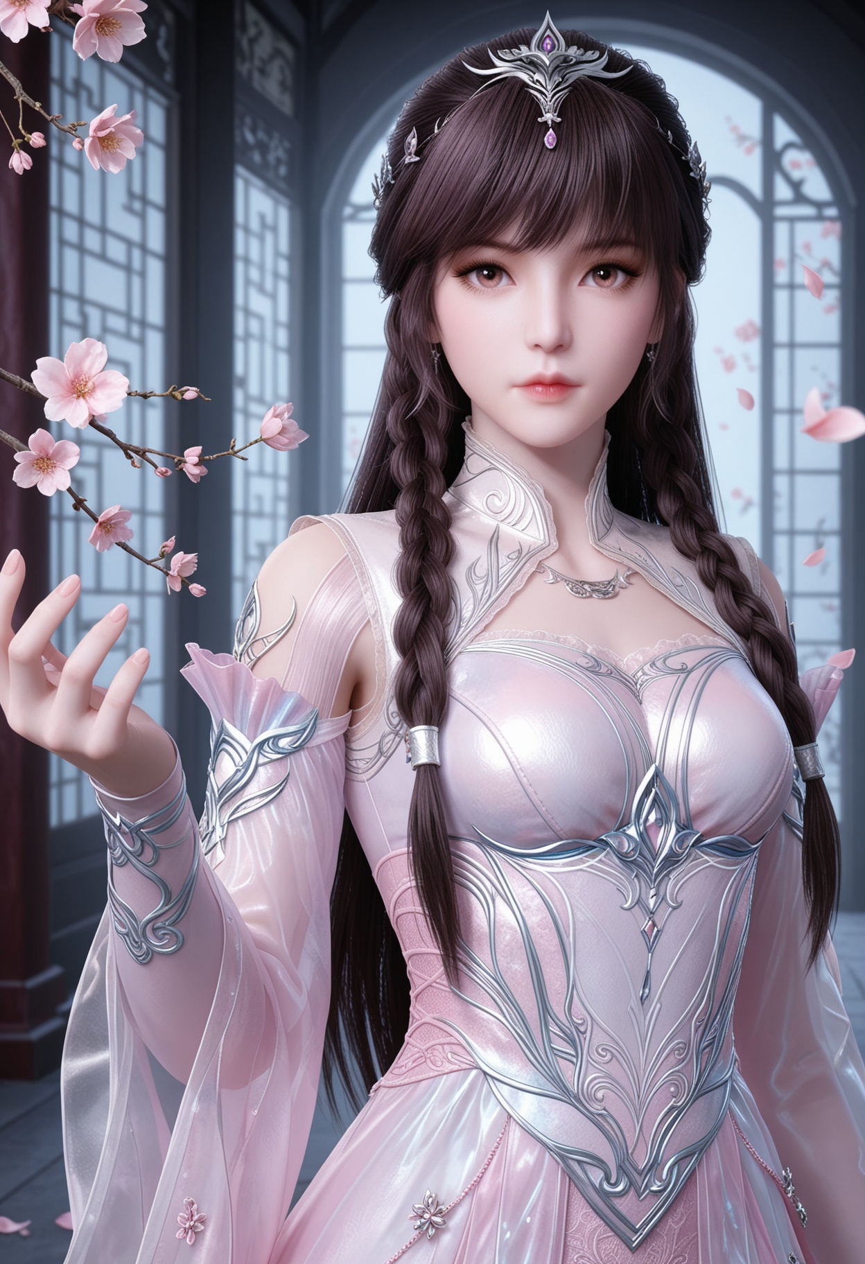 (upper_body:1.2),(looking at viewer:1.1),masterpiece,(best quality),smog,Dark room,dim lighting,peach blossom,falling petals,<lora:YQ_Illustrious光辉v5_小舞_神装1_V1:0.8>,q1528437228,1girl,solo,long hair,braid,dress,brown hair,hair ornament,white dress,jewelry,detached sleeves,pink dress,tiara,black hair,long sleeves,brown eyes,necklace,earrings,twin braids,pink eyes,collar,shoes,high heels,white footwear,