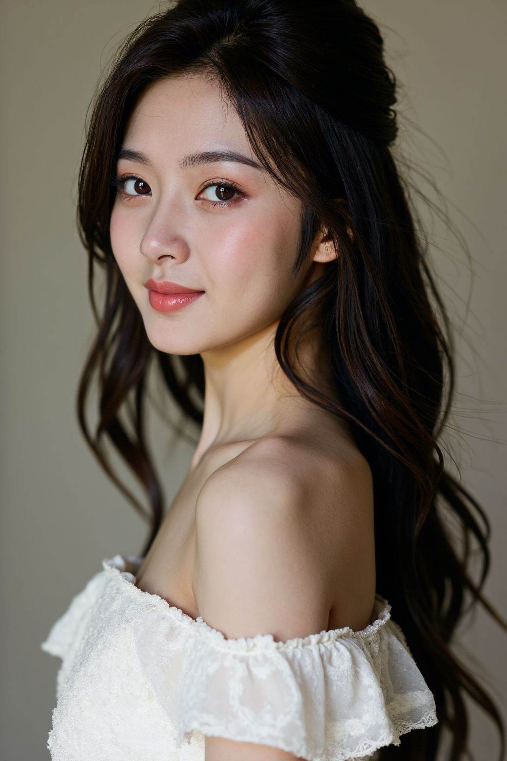 film grain, 1girl, solo, realistic, black hair, looking at viewer, dress, long hair, smile, white dress, brown eyes, photorealistic, upper body,