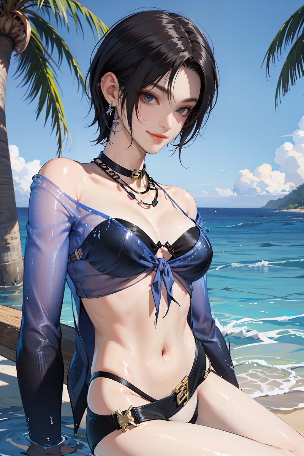 weiqing,looking at viewer,1girl,solo,closed mouth,Best quality,masterpiece,ultra high res,<lora:weiqing1r-000005:0.7>,medium breasts,(smile:1.1),(water:1.1),outdoors,ocean,(beach:1.1),palm tree,(on side:1.1),lying,