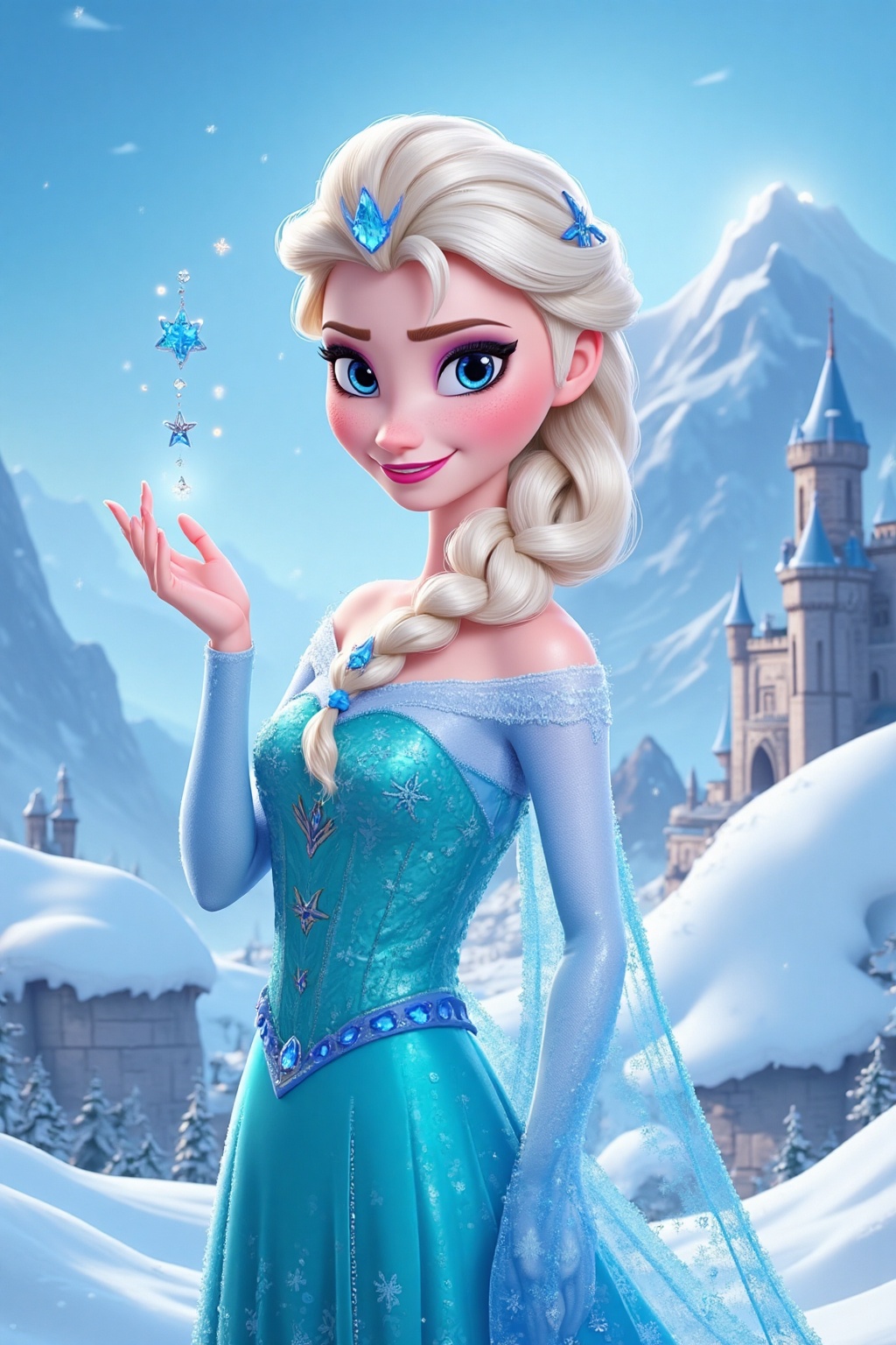 Princess Elsa,Frozen,white blonde side ponytail,glamour blue dress,crown,smile,poses,magic,castle and snowy mountains in the background,