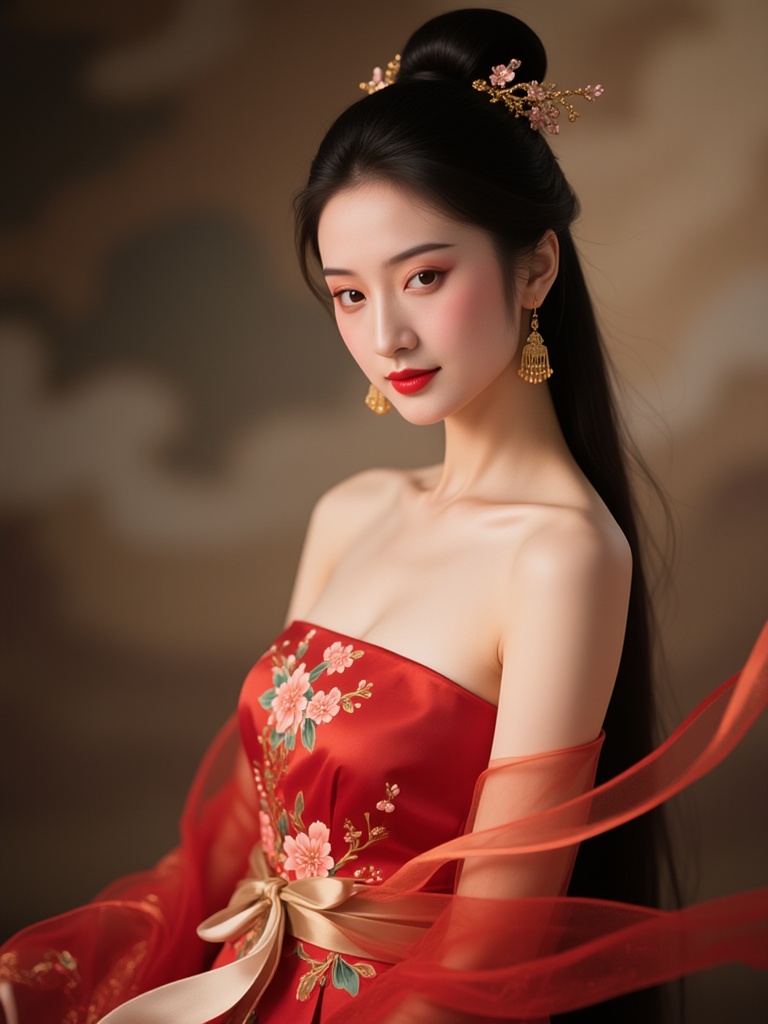hfxnsas,a beautiful Asian woman with long black hair styled in a traditional updo, wearing a red strapless dress with a floral pattern and a white sash. She has a delicate, elegant expression and is adorned with gold earrings. The background is a soft, blurred gradient of brown and beige. The lighting is soft and natural, highlighting her delicate features and the intricate design of her dress. The image has a serene and elegant aesthetic.<lora:S-T-汉服仙女-S1.5:1>
