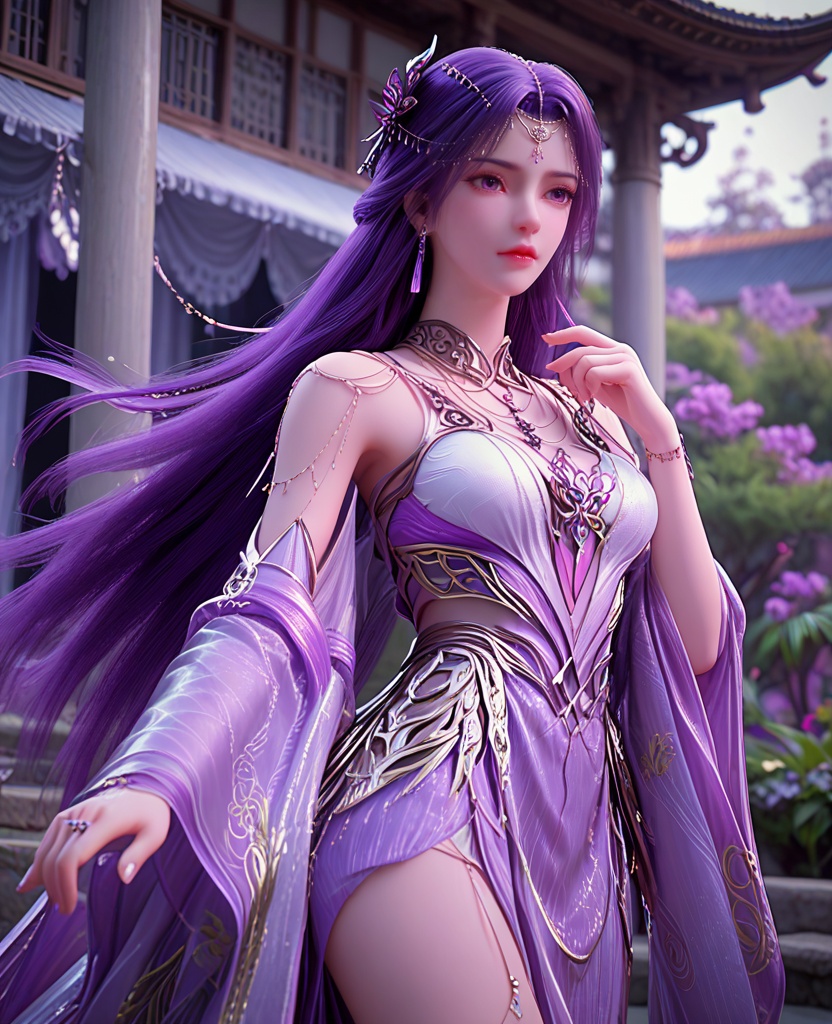 (oriental architecture, elegant decor, sophisticated style:1.1),touching toes,(breasts:1.2),<lora:XL完美世界云曦天命石:0.95>,miss yunxi,solo,white outer and purple inner double dress,purple eyes,purple hair,absurdly long hair,hair ornament,jewelry,earrings,necklace,sash and overskirt,shawl,see-through wide sleeves,, zPDXL2, score_9, score_8_up, score_7_up BREAK realistic, masterpiece,best quality, highly detailed,, zPDXL3, zPDXL2,zPDXL, zPDXLxxx, zPDXLrl,