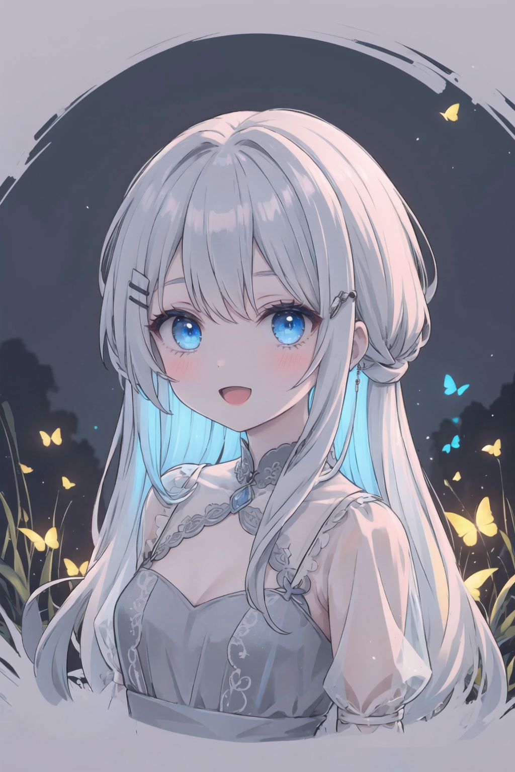 1girl,:d,blush,hair ornament,hairclip,looking at viewer,luminous,solo,long hair,butterfly,glowing,evening_gown,<lora:luminous_V5-000005:1>,blue eyes,grass,, masterpiece, best quality, highres,