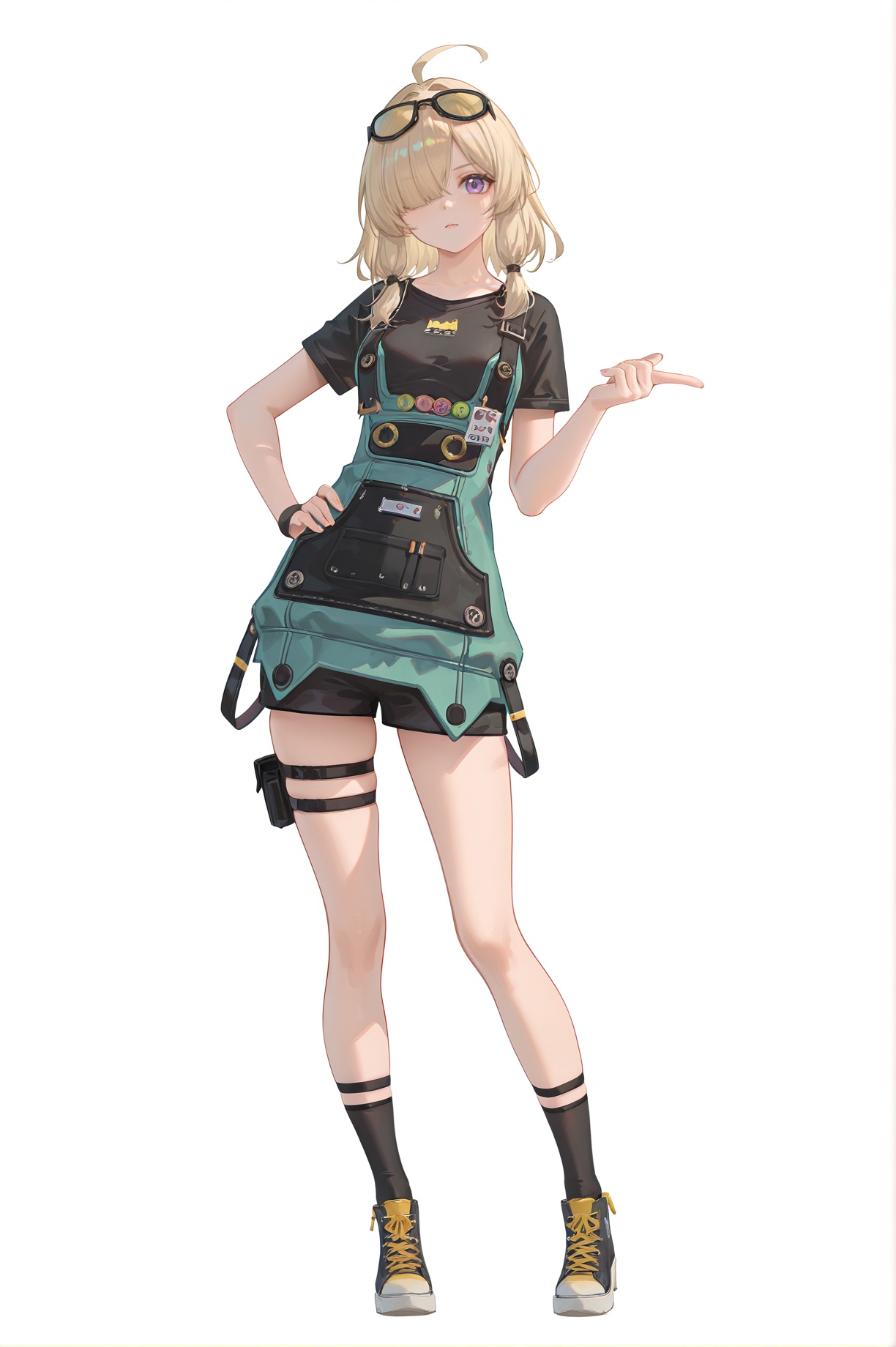 8k,best quality,masterpiece,(ultra-detailed),(high detailed skin),((artist:reoen),(artist:fuzichoco),(artist:atdan),(artist:torino_aqua),year 2024:0.8)1girl,[artist:wlop],[artist:ningen_mame],artist:ciloranko,[[artist:rhasta]],artist:tidsean,colorful,jijia,2d,ambient light,full body,full shot,standing,looking at viewer,(solo:1.2),simple background,(white background:1.2),hand on own hip,(white background:1.1),<lora:hongdou-ill-Tanger-000014:0.9>,Sweety \(Zenless Zone Zero\),1girl,purple eyes,breasts,ahoge,blonde hair,long hair,eyewear on head,hair over one eye,<lora:Susie-ill-Tanger-000014:0.7>,clothes: Susiedef casual outfit,cyan overall dress,short sleeves,shoes,black socks,
