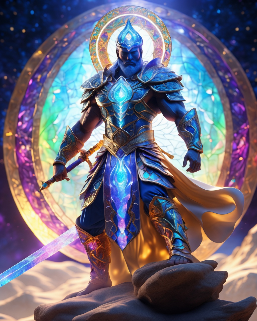 Astral Aura, Full-length photo,(ancient desolate idol:-0.1),(muscle male :0.9),combat posture,Surrealism,(bare foot:1.2),backlighting,backlighting,cinematic lighting,8k,super detail,high quality,high details,UHD,Surrealism,award winning,anatomically correct,UHD,retina,masterpiece,ccurate,anatomically correct,(glass shiny (textured skin):0.1),super detail,award winning,best quality,high quality,high details,(back:0.3),realistic style,random posture,fullbody,complex scenes and light,light and shadow,look to the camera,(warrior:0.1),(samurai:0.1),(knight:0.1),, astral, colorful aura, vibrant energy