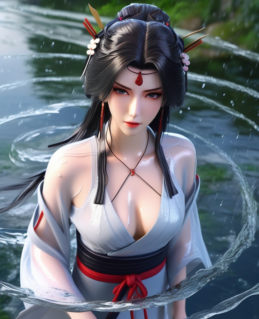 <lora:604-DA-XL-星辰变-姜立V2-新衣:0.8>(,1girl, ,best quality, ),looking at viewer,  ,(Highest picture quality), (Master's work), full body, (ultra-detailed), the portrait is centered, 1girl, raiden shogun, nsfw, (wet clothes), blush, bare hips, (sheer shirt), (from above:1.7), (translucent dress), water drop, (rain), (outdoors), stained, wet hair, wet dress, wet, scenery, (long hair), nature background, close up, ((on back)), water,masterpiece, best quality, ultra high res, highly detailed, (abstract expressionism art:1.4), [girl | fire ghost:10], love,, dark rainbow theme, colorful, visually stunning, beautiful, gorgeous, emotional, intricate, perferct shading, rainbow hair,upper body,(cleavage),