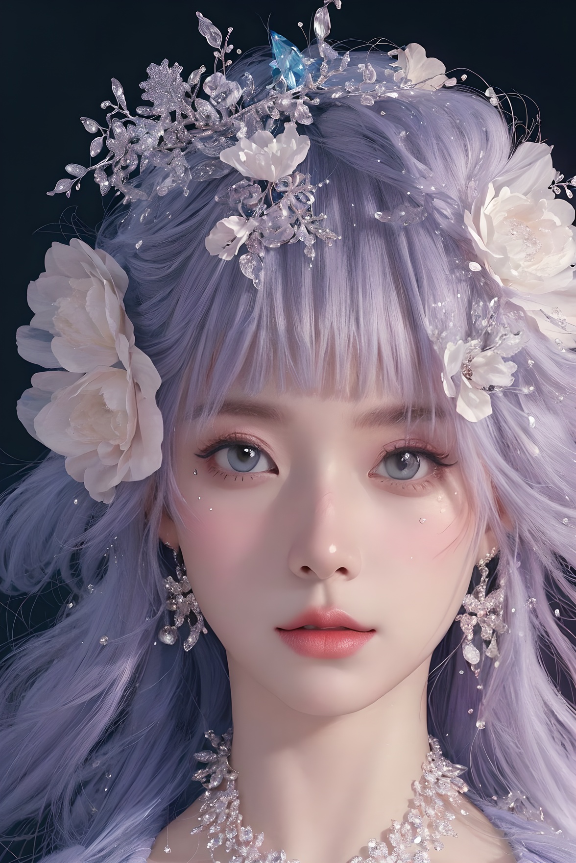 <lora:Fashion_Girl:0.66>purple  theme,  snowflakes,  looking at viewer,  portrait,  colorful hair,  jewelry,  close up,  ultra high res,  deep shadow, (best quality,  masterpiece),  dimly lit,  shade, highly detailed,  bold makeup,  flower,  simple background,  depth of field,  film grain,  fashion_girl,  accessories, High detailed, (masterpiece,high quality,best quality),(colorful),(delicate eyes and face),volumatic light,ray tracing,extremely detailed CG unity 8k wallpaper,solo, indoors, palace, lights, window, decorations,(ahoge:1.3),best quality,official art,(((light from the sky))),floating hair,light shines on hair,whultra-detailed,(((extremely detailed cg 8k wallpaper))),(crystalstexture skin:1.4),(extremely delicate and beautiful),(white skin),looking_at_viewer,kinghere fensejiaren,,realistic,