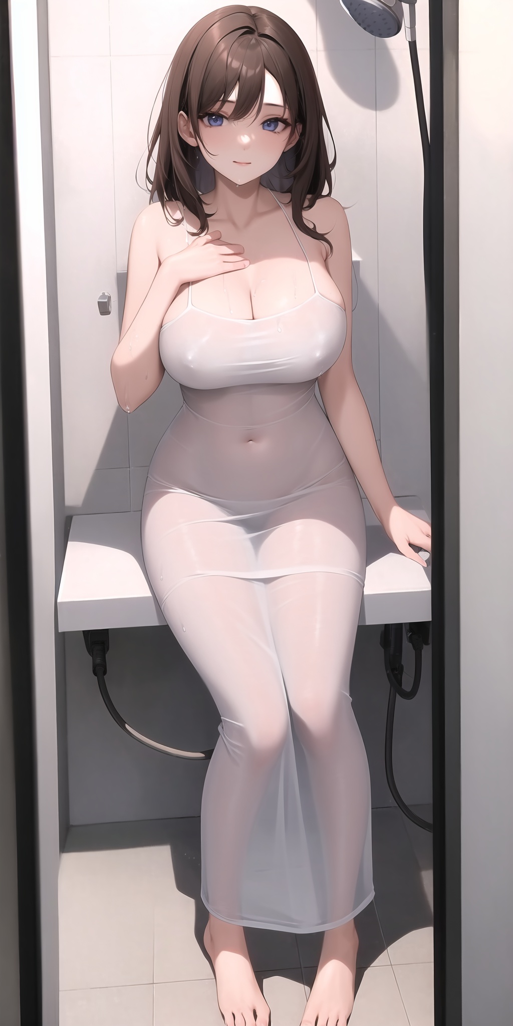 1girl,solo,perfect face,look at viewer,sitting,shower head,hand on own chest,large breasts,cleavage,covered nipples,spaghetti strap,white dress,see-through,see-through silhouette,covered navel,barefoot,showering,shower head,water,wet clothes,wet dress,bathroom,masterpiece,best quality,highly detailed,