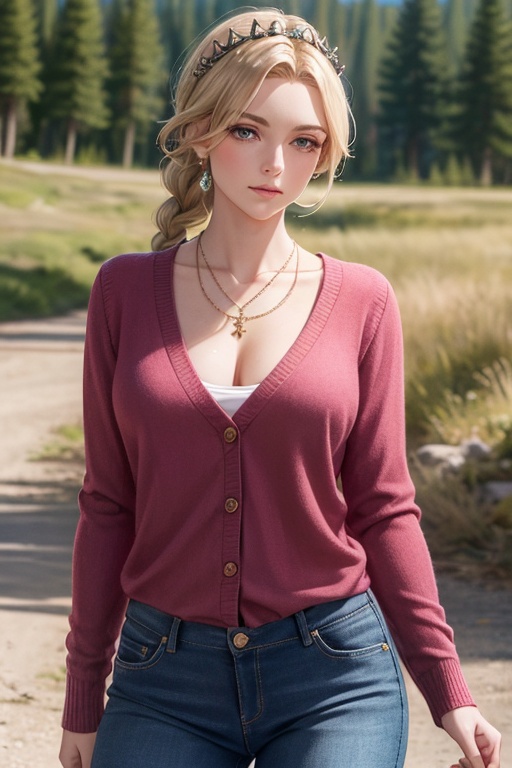 masterpiece,ultra realistic,32k,extremely detailed CG unity 8k wallpaper, best quality,(summer day ),lady ,necklace ,eardrop, Yellowstone National Park, United States, ( Magenta Layer a silk blouse under a cashmere cardigan with skinny jeans ) , Chestnut hair Braided crown ,