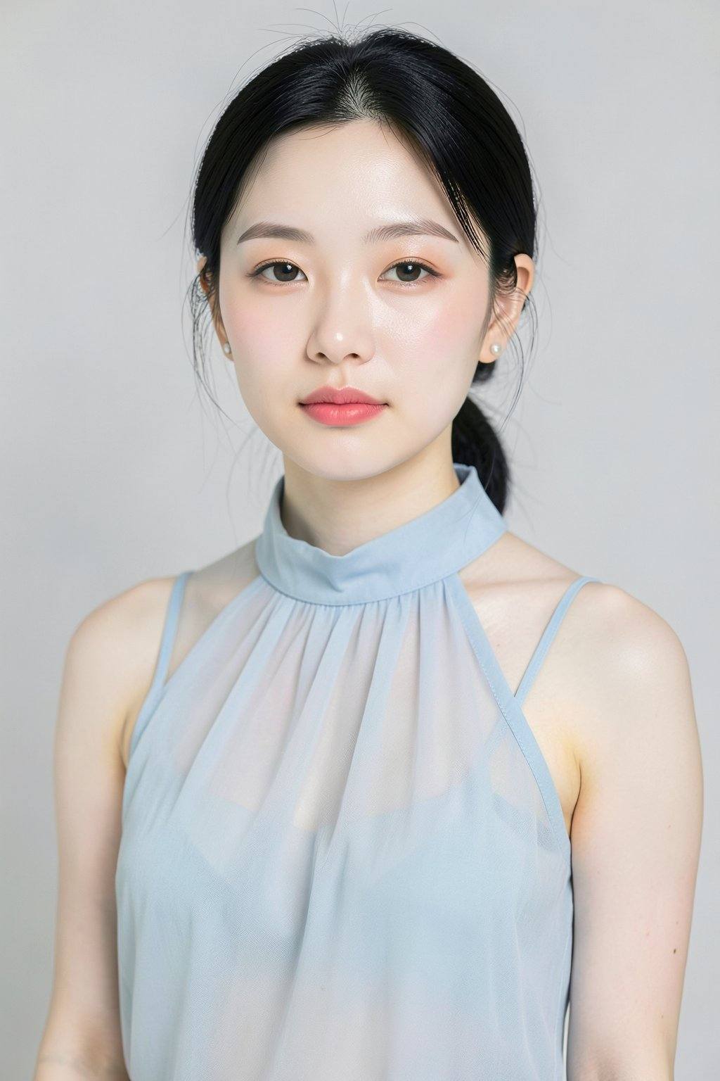 The image depicts a realistic digital portrait of an East Asian woman with fair skin and black hair styled in a simple,  c...