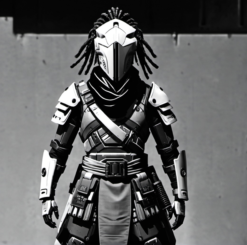weapon, sword, armor, helmet, greyscale, solo, monochrome, katana, sheath, sheathed, 1other, japanese armor, scarf, covered face, shoulder armor, humanoid robot, samurai, science fiction, cowboy shot, standing, cyberpunk, futuristic armor, robot helmet, LED visor, black and white, sci-fi, dystopian, mechanical glove, industrial background, armored gauntlets, dreadlocks, masked figure, augmented reality, cybernetic, arm plating, combat ready, metallic texture, digital art, high-contrast, urban warrior, cyber warrior, pose, cybernetic enhancements, robotic appearance, action figure. ,<lora:机甲-000002:0.6>