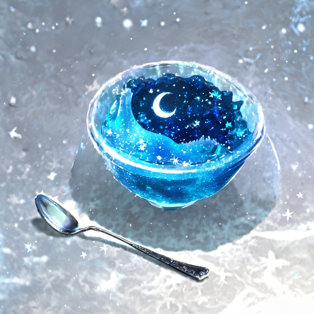 <lora:star_xl_v1:1>,The image showcases a glass bowl filled with a vibrant blue liquid. The liquid appears to be frozen, with a swirling pattern that gives it a galaxy-like appearance. Within the liquid, there are tiny white specks that resemble stars. At the top of the bowl, there's a crescent moon and a few stars, suggesting a night sky theme. The bowl is placed next to a silver spoon., glass bowl, vibrant blue liquid, frozen, galaxy-like appearance, tiny white specks, crescent moon, stars