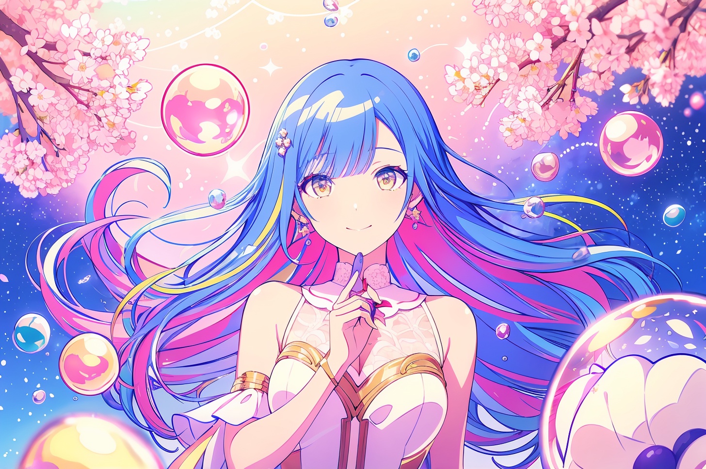 masterpiece,best quality,ultra-detailed,Best quality,masterpiece,(ultra-detailed),(illustration),1girl,mixed-blood,stars in the eyes,cherry blossoms,messy floating hair,crystal earrings,colored inner hair,Starry sky adorns hair,(colorful Bubble),(pearl),(Galaxy),depth of field,lace-trimmed dress,<lora:WALLPAPER_V1:1>,
