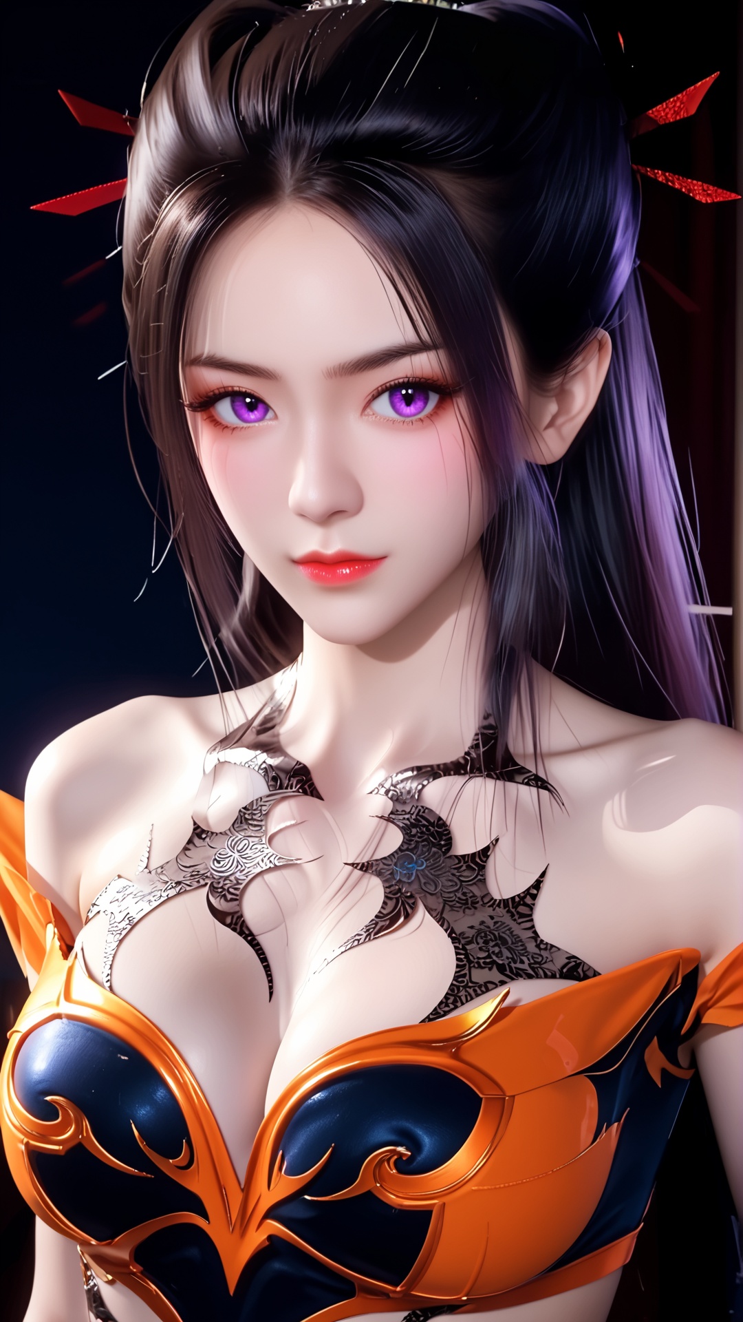 The image is a digital portrait of a young woman with long dark hair. She has a serious expression on her face and is looking directly at the camera. Her hair is styled in a high ponytail with multiple spikes sticking out of it. She is wearing a white and orange outfit with a dragon design on the chest. The background is a dark blue color with a hint of purple. The overall mood of the image is intense and dramatic...,<lora:pony焰-000007:0.8>,