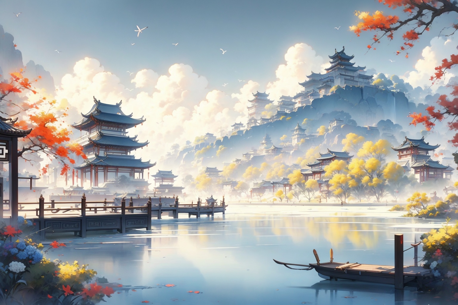 (masterpiece:1.2),best quality,highres,extremely detailed CG,perfect lighting,8k wallpaper,Illustration,painting,paintbrush,antique ink painting,chinese element,in autumn,luoye,<lora:FF_20240110235639-000008:1>,