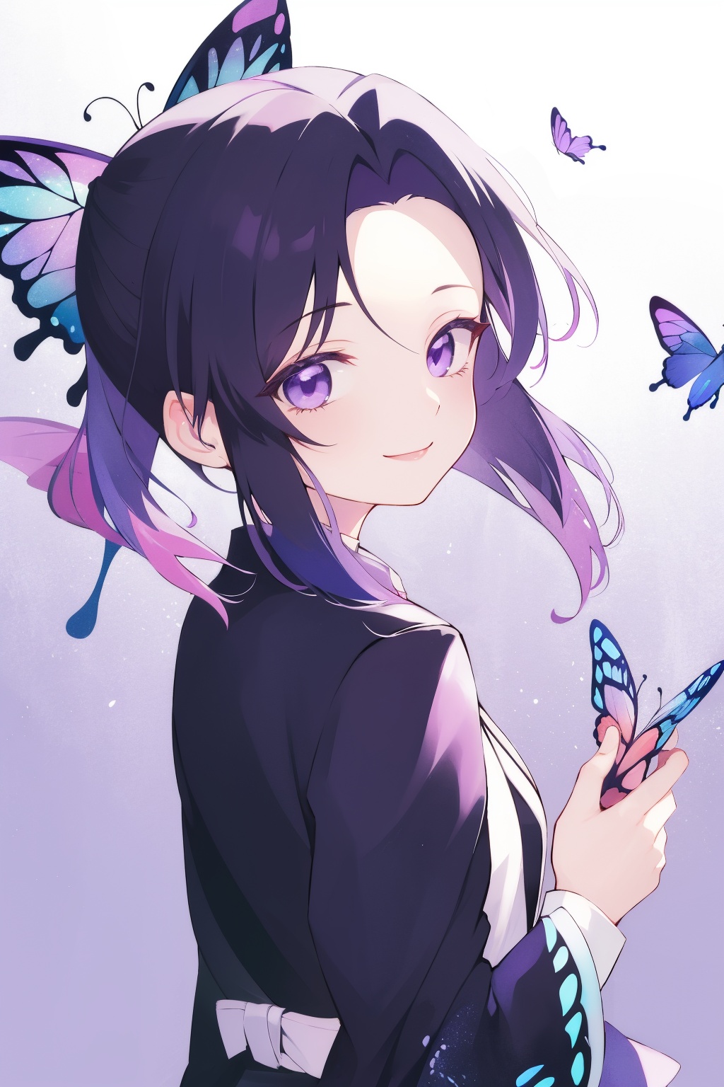 1girl, kochou shinobu, solo, looking at viewer, smile, closed mouth, upper body, bug, butterfly, purple background, artbook<lora:lbc_hudieren240323_v1.0:0.9>,