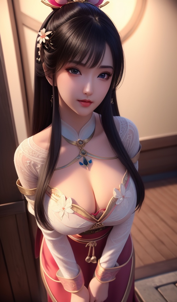<lora:638-DA-暗河传-白鹤淮-妇人:0.8>(,1girl, ,best quality, ),looking at viewer,  ,ultra detailed background,ultra detailed background,ultra realistic 8k cg,, ,masterpiece, (( , )),, , , hyper blossom,    (cleavage), (), ,,