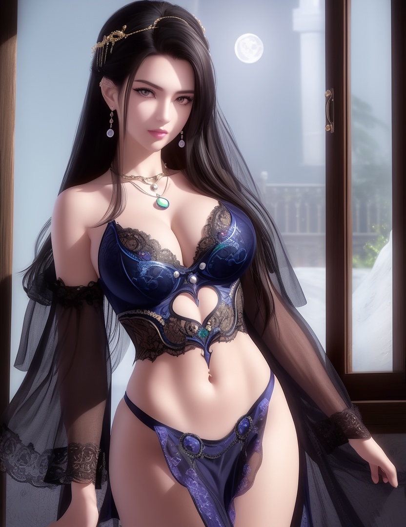 ultra realistic 8k cg, picture-perfect face, flawless, clean, masterpiece, professional artwork, famous artwork, cinematic lighting, cinematic bloom, perfect face, beautiful face, fantasy, dreamlike, unreal, science fiction,  beautiful clothes, lace, lace trim, lace-trimmed legwear,  (rich:1.4), prestige, luxury, jewelry, diamond, gold, pearl, gem, sapphire, ruby, emerald, intricate detail, delicate pattern, charming, alluring, seductive, erotic, enchanting, hair ornament, necklace, earrings, bracelet, armlet,halo((,1girl, pov,))(((,window, 1girl, solo, moon, breasts, indoors, cleavage, black_hair, round_window, hair_ornament, long_hair, jewelry,looking at viewer, ))) <lora:DA_CaoNvYao:0.6>