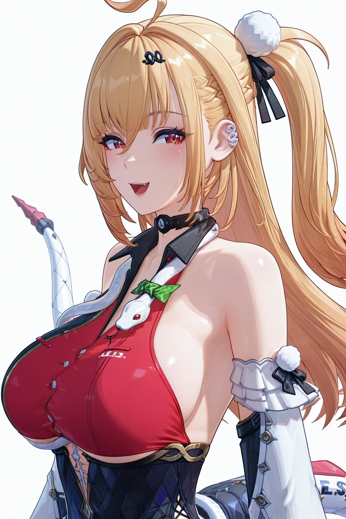 3D Modeling Style,Cissia \(zenless zone zero\),1girl,solo,breasts,long hair,blonde hair,red eyes,detached sleeves,open mouth,large breasts,ahoge,smile,blush,ear piercing,pom pom hair ornament,mechanical snake tail,hairclip,Cissia's hairclip,black and red leotard,green bow snake,snake around neck,simple background,upper body,portrait,white background,<lora:Cissia_illustriousXL:1>,