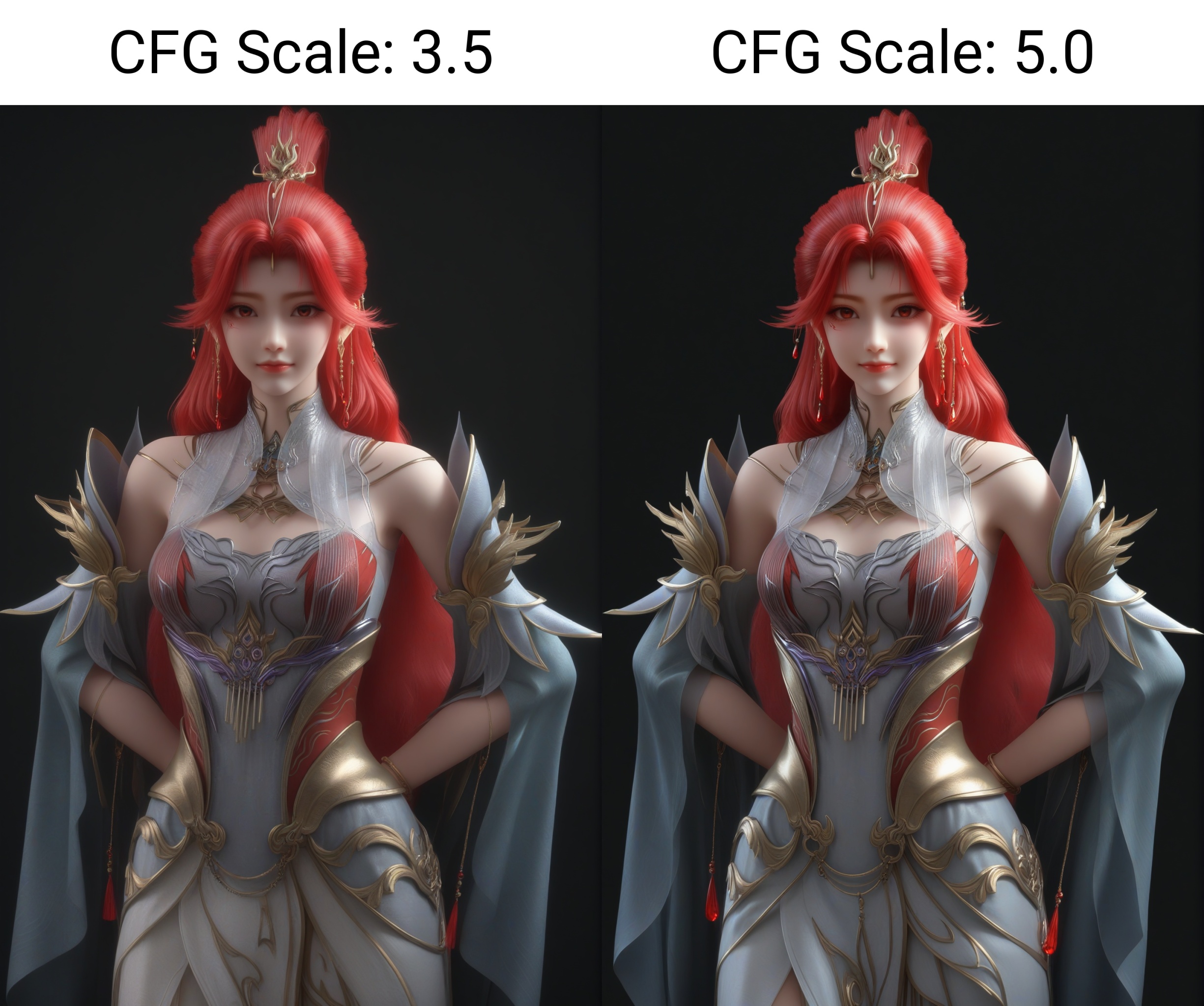 masterpiece,best quality,absurdres,highres,1girl,solo,<lora:火允儿-ill-000009:0.83>,huoyuner,red hair,long hair,high ponytail,makeup,jewelry,hair ornament,dangling earrings,red gemstone,forehead decoration,BREAKcollarbone,sheer overlay,bare shoulders,sheer collar,high collar,detached sleeves,fantasy dress,long skirt,bracelet,high slit skirt,looking at viewer,front view,standing,smile,(arms behind back),BREAKsimple background,black background,