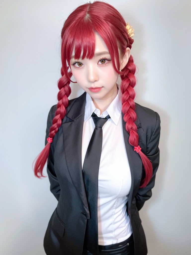 1girl, makima \(chainsaw man\), solo, necktie, braid, looking at viewer, red hair, shirt, black necktie, yellow eyes, braided ponytail, white shirt, formal, suit, breasts, collared shirt, long hair, sidelocks, arms behind back, ringed eyes, smile, lips, jacket, grey background, simple background, coat, upper body, black jacket, black coat, pants, closed mouth, black pants