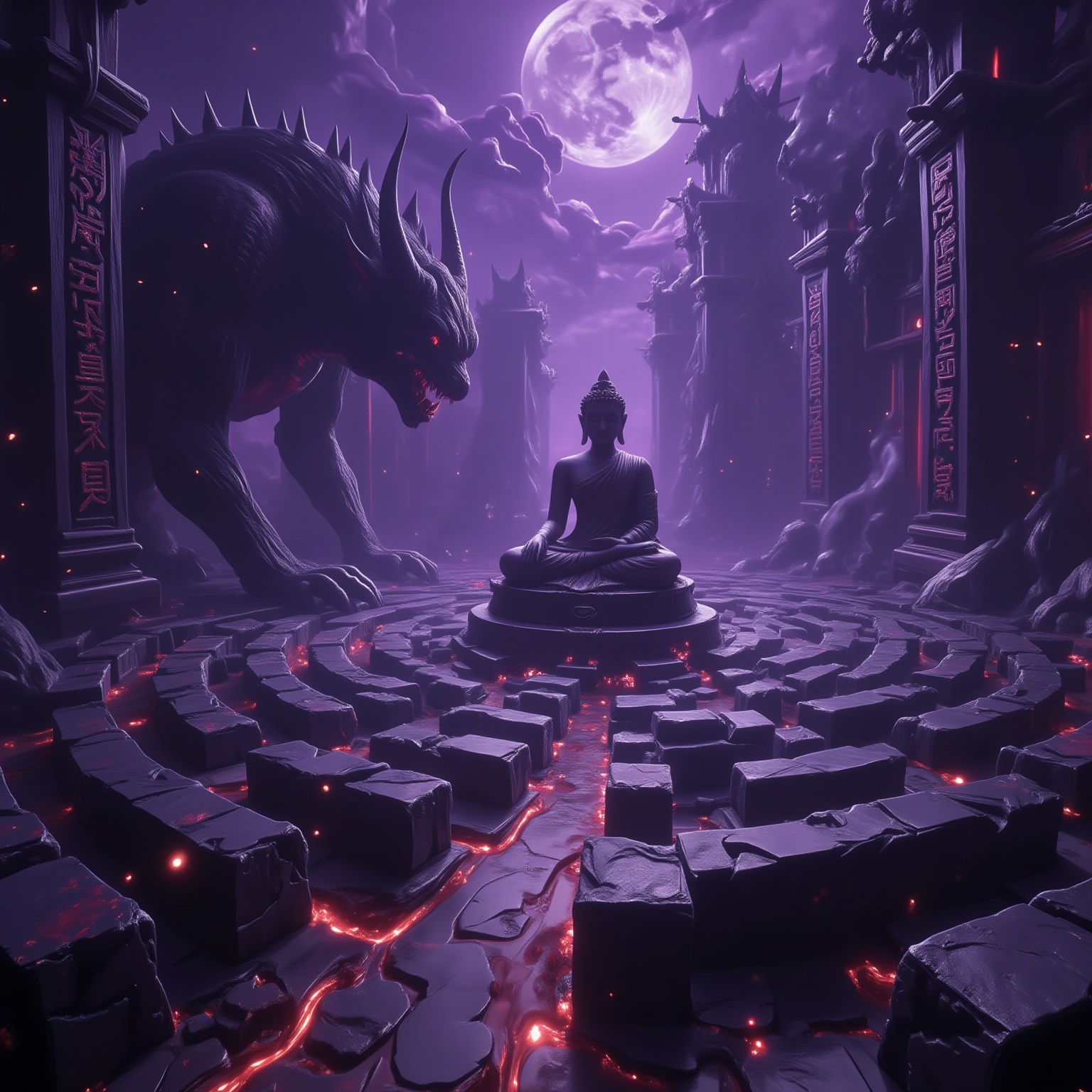 A horror-style hellscape, dominated by cool colors of purple and crimson. A giant gargoyle guards the entrance to the maze, which is filled with traps and traps. An ancient Buddha statue is dilapidated and eroded by dark forces. It is surrounded by an intricate maze, with runes carved on the walls. The use of a 35mm f/2.0 wide-angle lens creates a sense of depth and dimension, transporting the viewer into this dream world. Stage background, Cultivation Maze, classical style, the most unique.,
