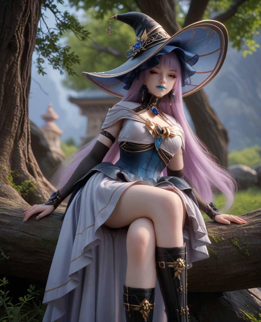(oriental architecture, elegant decor, sophisticated style:1.1),(Resting against a tree, eyes closed, showing a moment of peaceful relaxation in nature,:1.1),(breasts:1.2),<lora:XL16克金玩家白雪公主病:0.95>,witch,lavender gothic lolita dress with black peplum,orange eyes,lilac hair,very long hair,black witch hat,black opera gloves sleeves,blue lips,jewelry,faux blue rose embellishments,black boots,, score_9,score_8_up,score_7_up,score_6_up,score_5_up,score_4_up,3d rendering,tag1,tag2, Cinematic Lighting,backlighting,, zPDXL3, zPDXL2,zPDXL, zPDXLxxx, zPDXLrl,