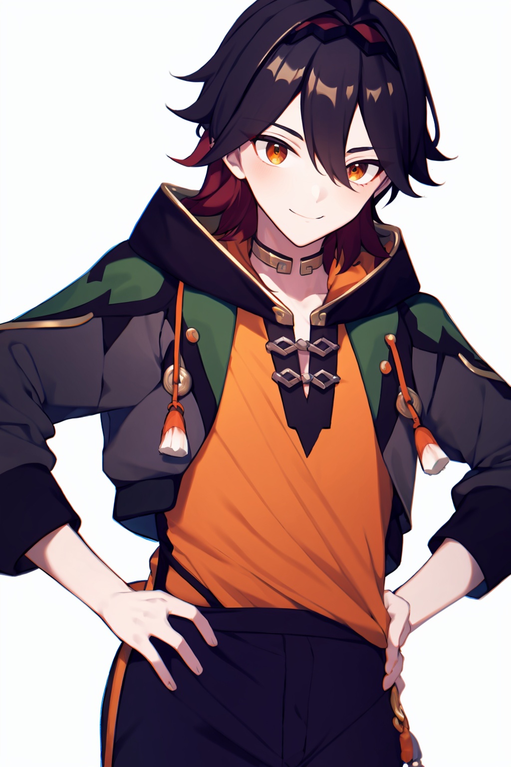 masterpiece, best quality,  <lora:gaming:1>,1boy, male focus, virtual youtuber, solo, multicolored hair, red hair, hands on hips, white background, orange shirt, hood, brown hair, hoodie, black pants, sleeveless, sleeveless hoodie, pants, hairband, simple background, shirt, black hair, choker, cropped legs, faceless, short ponytail, tassel, jewelry, black hairband, cowboy shot, drawstring, no eyes