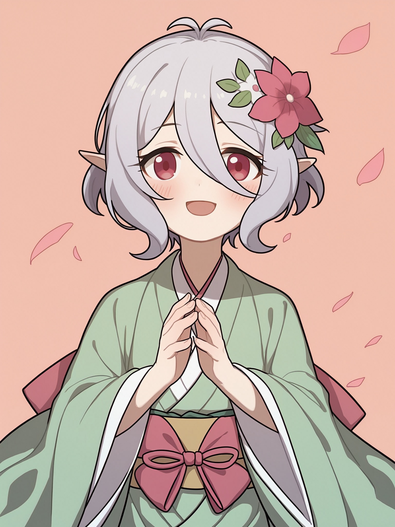 score_10,score_9,score_8_up,score_7_up,1girl,kokkoro (princess connect!),solo,flower,japanese clothes,hair ornament,hair flower,smile,kimono,hair between eyes,holding,antenna hair,wide sleeves,elf,white kimono,upper body,short hair,long sleeves,pointy ears,open mouth,green kimono,blush,looking at viewer,:d,red flower,pink flower,ribbon trim,grey hair,ribbon-trimmed sleeves,miko,red eyes,white flower,white hair,