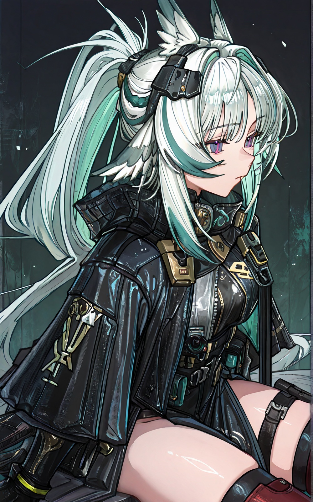 white-teal hair,  high ponytail,  feather ears on Tensor.Art